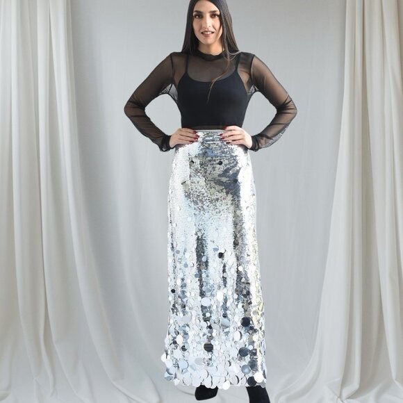 Women Midi Skirt Full Sequin Silver Size 2XL Tall Lined Decorated Mid Rise - Picture 3 of 14